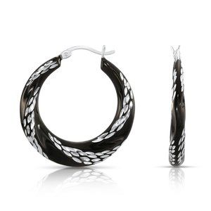 Fancy Glossy Black Sterling Silver Twisted Design Hoop Earrings